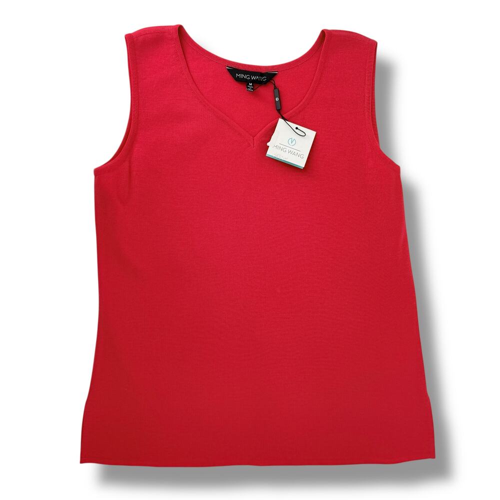 Ming Wang V Neck Acrylic Shell Tank Top Shirt Womens Size Medium Deep Pink Coral